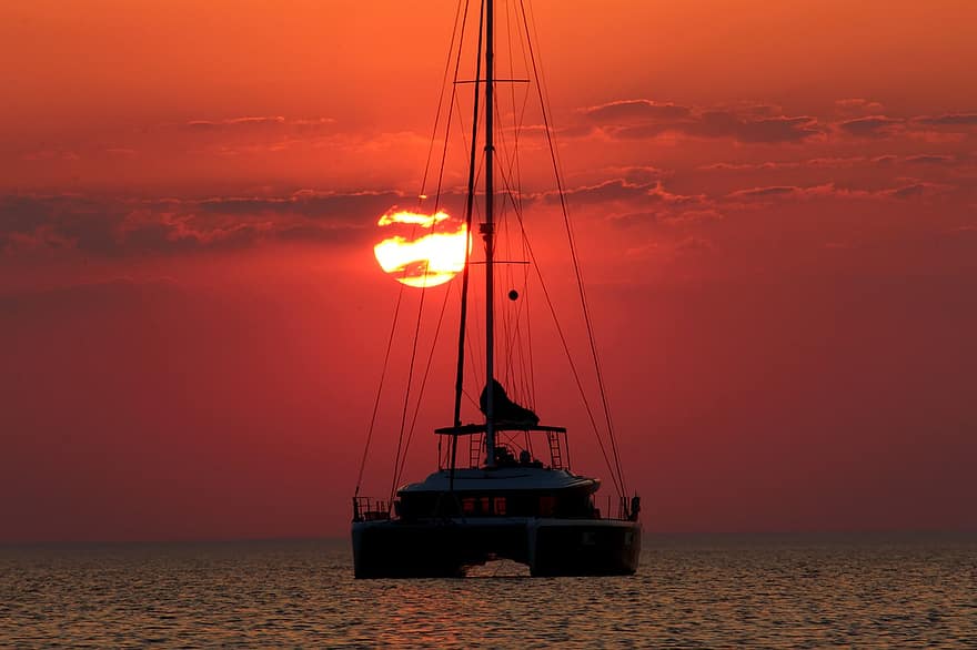 Baltic Sea, Sunset, Dusk, Catamaran, Sea, Boat, Evening Atmosphere, Evening Sky, Sailboat, Sailing