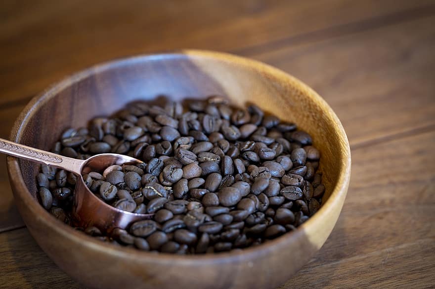 Kaffeebohnen, Kaffee, Schüssel, Löffel, geröstet, organisch, Lebensmittel, Koffein