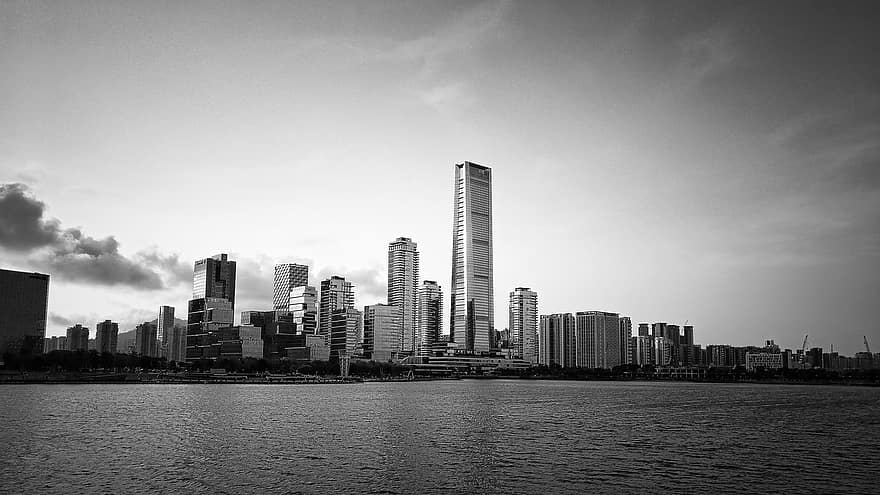 건물들, 고층 빌딩, 연안, 해안선, 지평선, 호수, 물, 중국