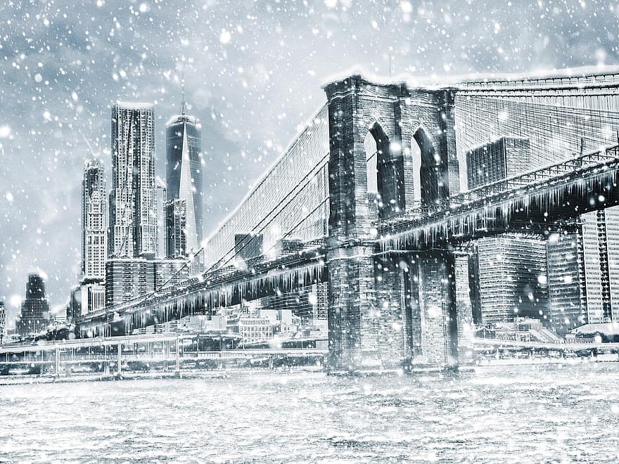 Winter, City, Bridge, Snow, Art, Design, Skyline, Cold, Ice, Travel, Scrapbooking