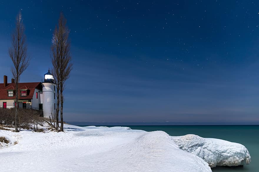 Lighthouse, Winter, Sea, Water, Shore, Sky, Stars, Scenic, Season