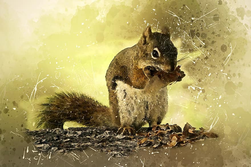 Squirrel, Animal, Mammal, Wildlife, Eating, Sitting, Painting, Forest, Nature, Creature, Brown