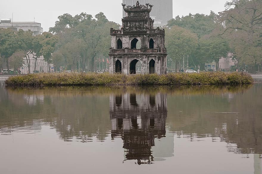 teknős torony, Hanoi, Vietnam, utca, fényképezés, idegenforgalom, építészet, híres hely, víz, történelem, visszaverődés