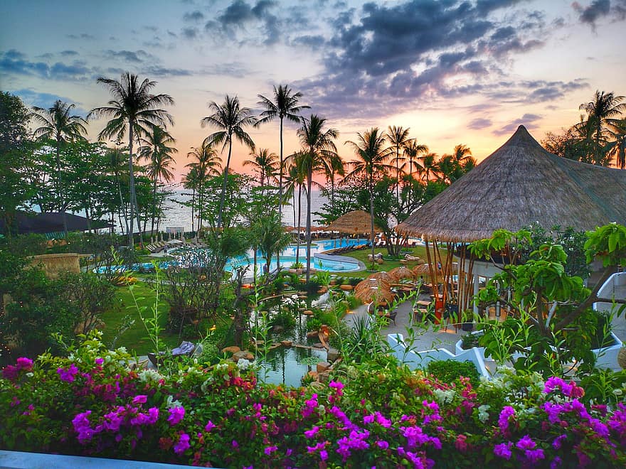 recurso, playa, piscina, jardín, palmeras, puesta de sol, chozas, balneario, Tailandia, vacaciones