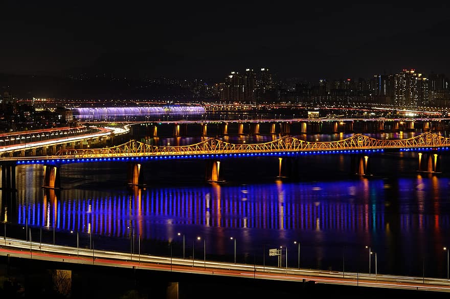 река, мост, път, нощен изглед, град, пейзаж, Сеул, нощ, здрач, вода, осветен