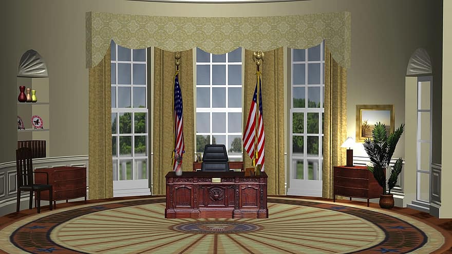 oficina ovalada, Donald Trump, política, polític, escriptori, Trump, president, EUA, americà, govern, bandera