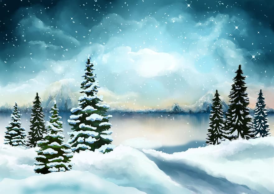 hivern, any nou, Nadal, festa, neu, paisatge, arbres, cel, gelades, fons