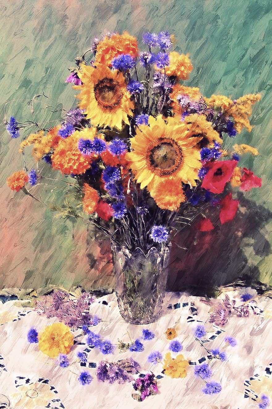 ziedi, ziedu, vāze, ziedu kompozīcija, pušķis, saulespuķes, rudzupuķes, glezna, foto māksla