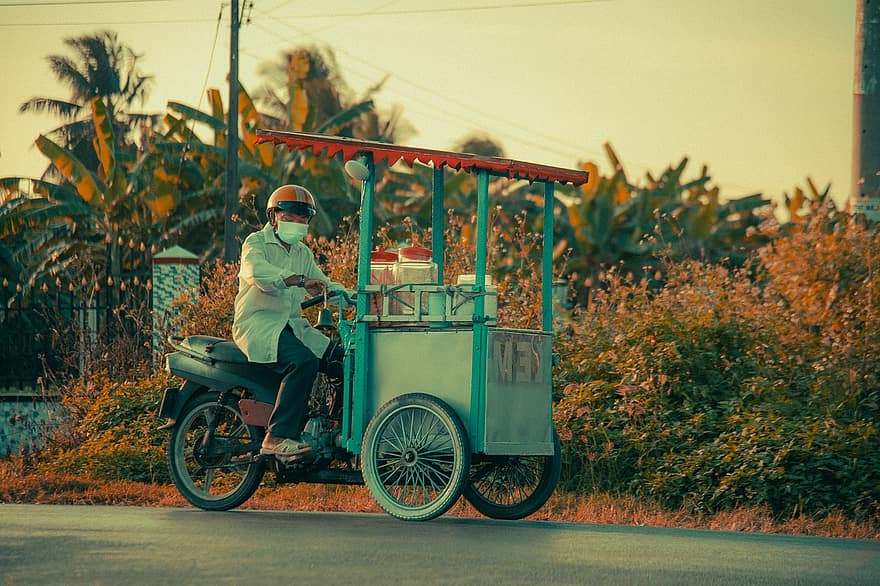 zmrzlina, prodejce, motocykl, silnice, ulice, muž, venkov, Vietnam, muži, přeprava, dospělý