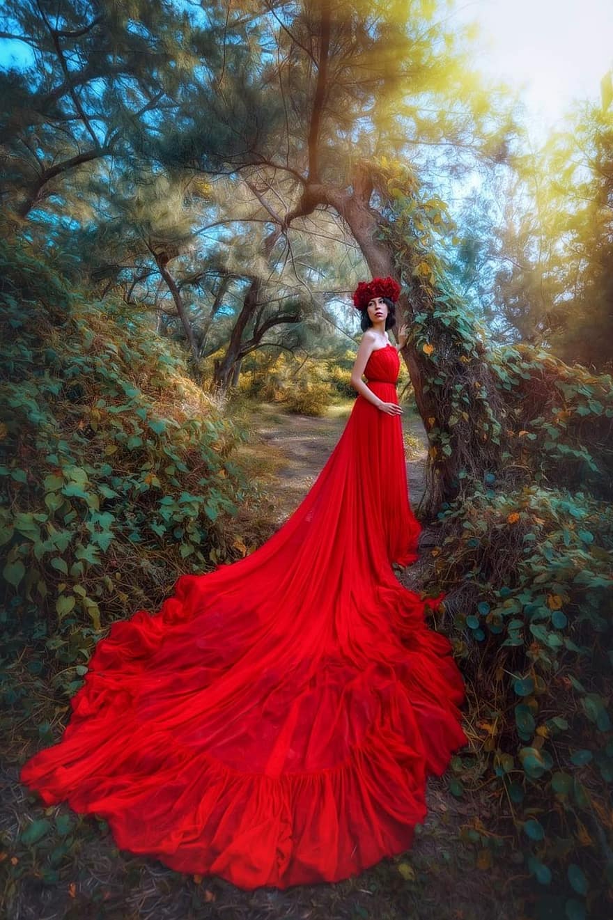 raudona suknelė, modelis, nimfa, suknelė, ilga suknelė, moteris, mergina, mada, kelia, lauke