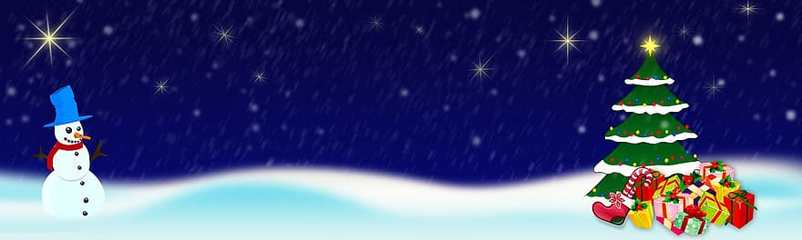Noël, bonhomme de neige, cadeaux, neige, Étoile de Noël, flocons de neige, modèle, image de titre, bannière, des médias sociaux, sapin