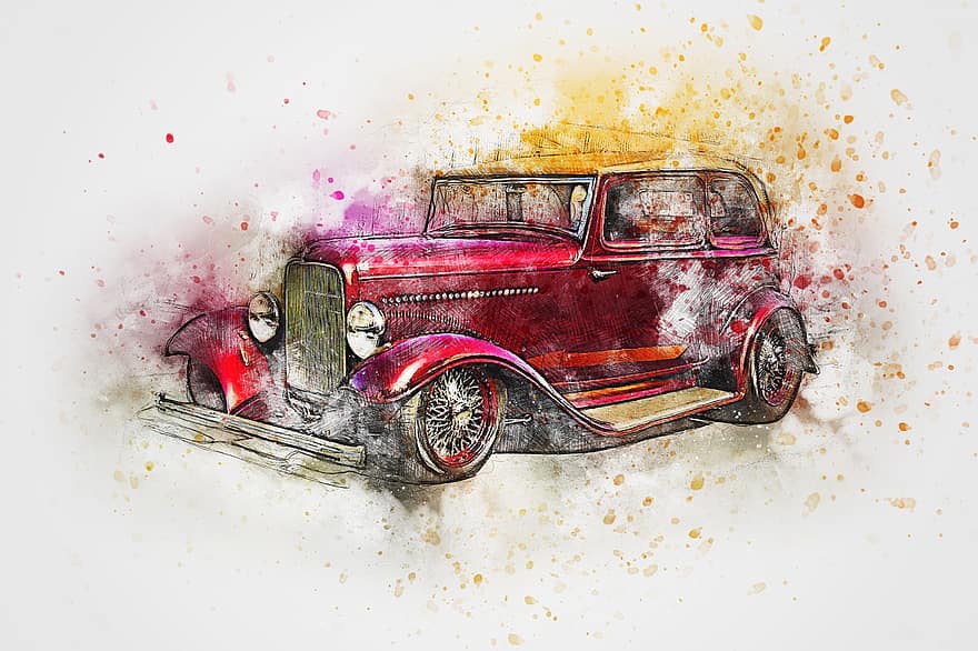 mașină, mașină veche, artă, abstract, acuarelă, epocă, auto, artistic, tricou, colorat, vopsea de vopsea