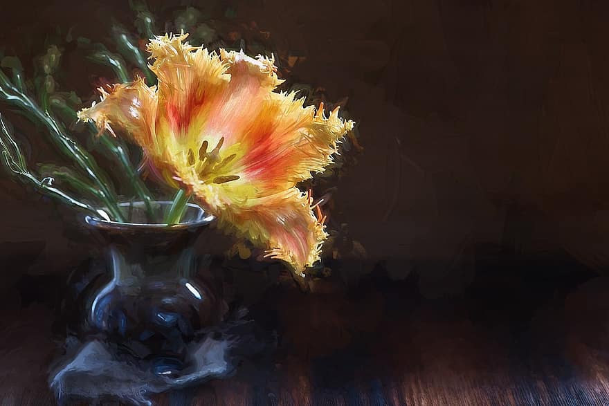 maleri, bilde, blomst, tulipan, vase, vårblomst, gul