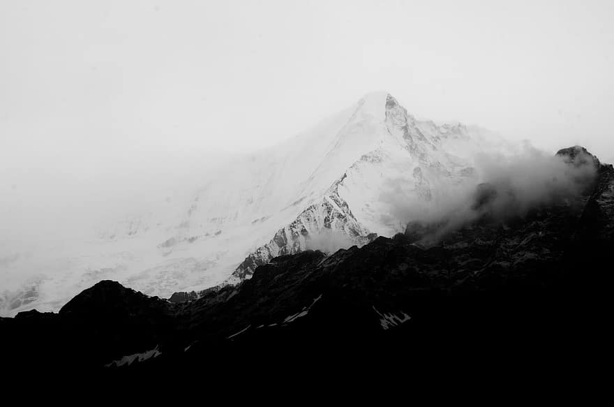 montañas, glaciar, nieve, invierno, frío, paisaje, naturaleza, montaña, pico de la montaña, cordillera, en blanco y negro