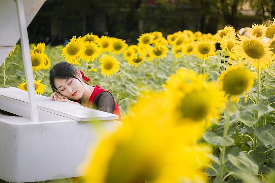 Women, Flower, Field Of Flowers, Asia, Sunflowers, Romantic, summer, childhood, one person, child, smiling
