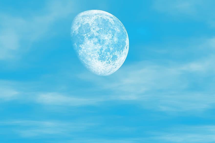 mēness, debesis, mākoņi, pusmēness, zilas debesis