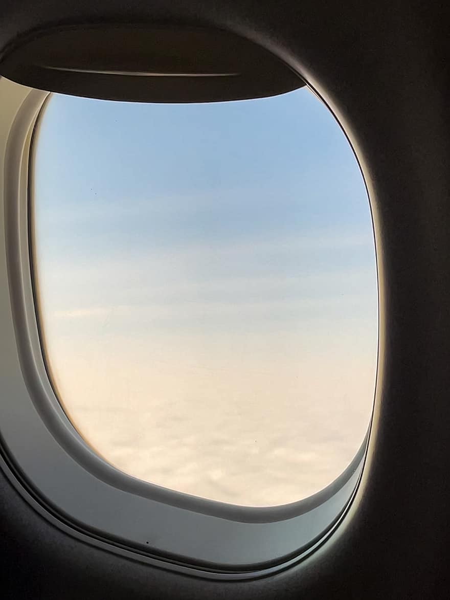 pesawat terbang, jendela, melihat, angkutan, perjalanan, penerbangan, terbang, udara, perusahaan penerbangan, biru, awan
