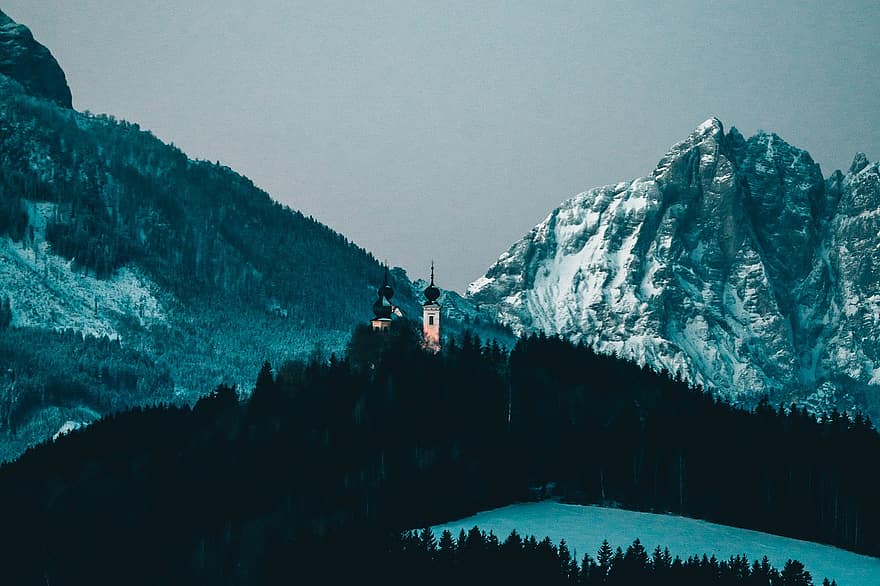 Austria, inverno, montagne, Alpi, la neve, montagna, paesaggio, foresta, albero, cristianesimo, picco di montagna