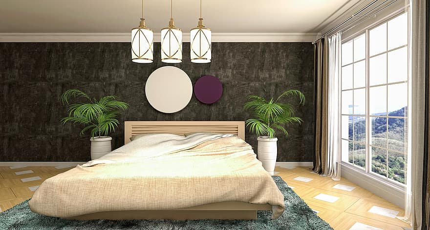 guļamistaba, interjera dizains, 3d atveidots, 3D atveidojums, istaba, istabas interjers, guļamistabas interjers, apdare, dekoru, mēbeles, stilīgs