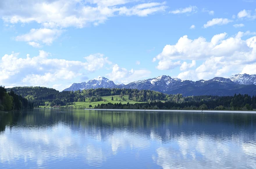 Alperne, bjerge, sø, natur, bjerg, blå, sommer, landskab, vand, grøn farve, Skov