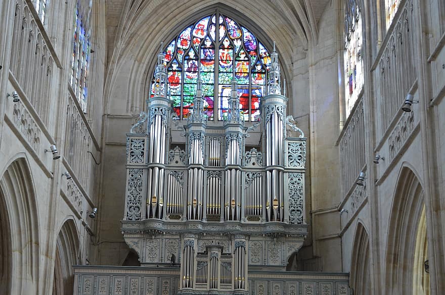 òrgan, instrument, música, Església, alençon, imposant, canonades, plata, teclat, vitrall