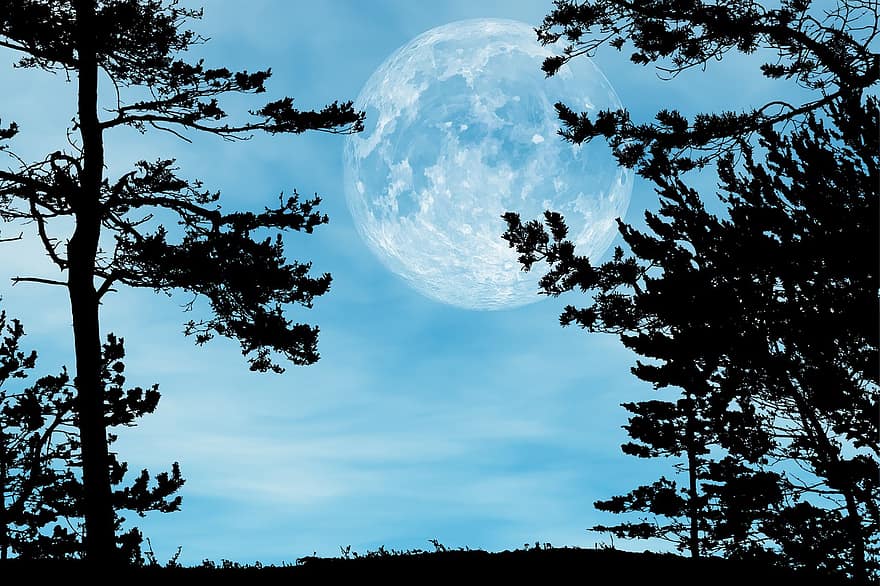pełnia księżyca, niebieskie niebo, chmury, księżyc, cisza, spokojny