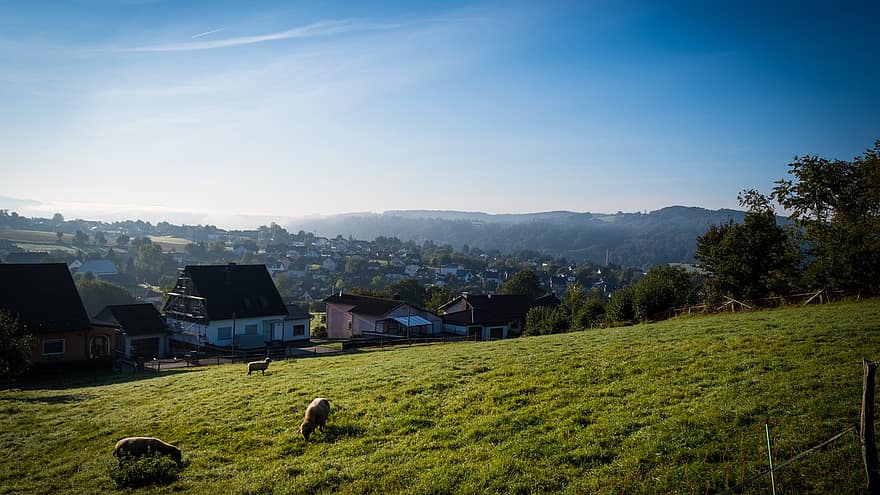 Town, Pasture, Hill, Field, Nature, Landscape, Morning