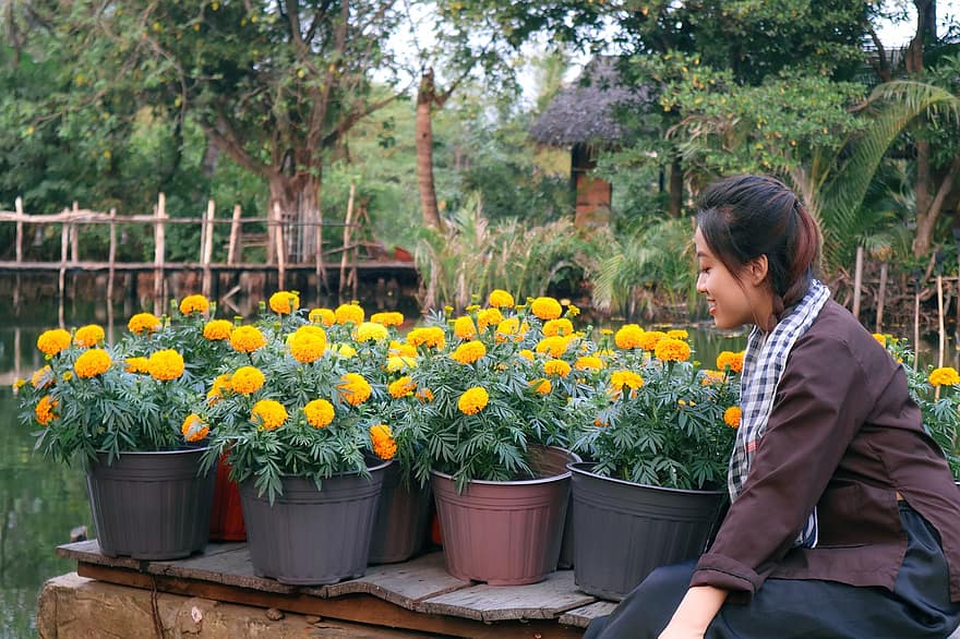 Woman, Gardening, Marigold, Flowers, Countryside, Vietnamese Woman, plant, men, adult, flower, women