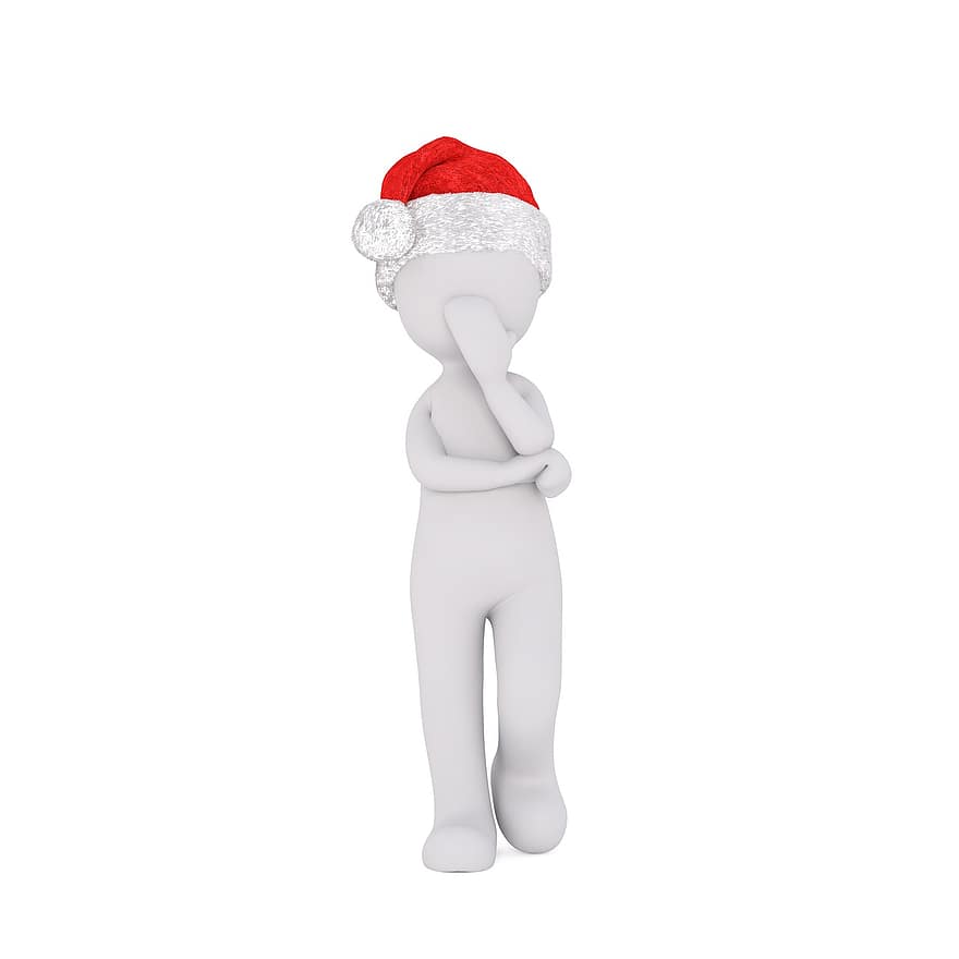 springa, figur, tror, tänkande, vita figurer, stiliserade, 3d modell, jul, santa hatt, fortfarande, jultomten