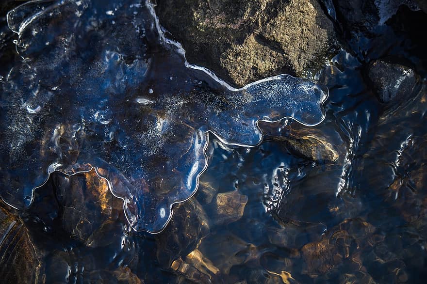 gefrorenes Wasser, Eis, Fluss, Winter, gefrorener Fluss, Wasser, kalt, Blau, Hintergründe, Nahansicht, abstrakt