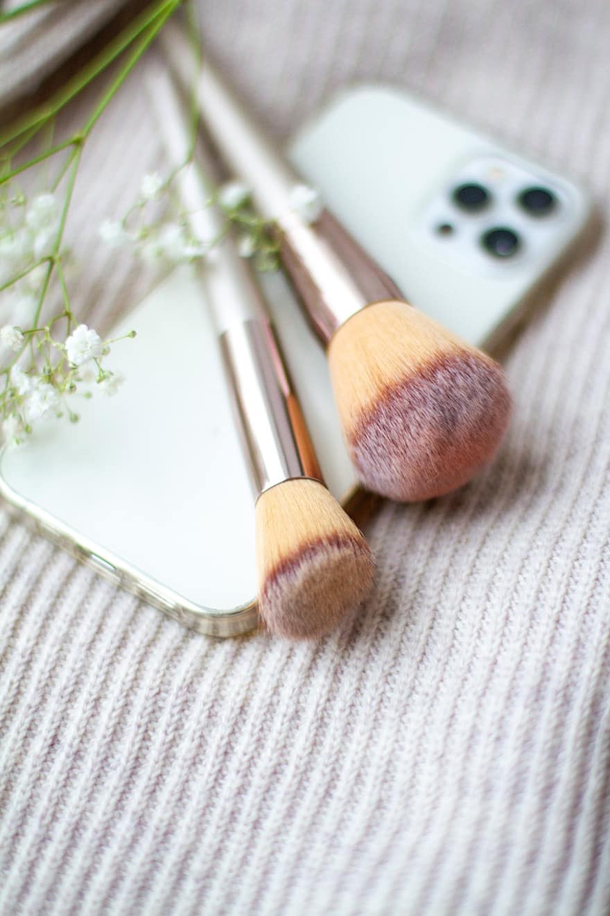 Makeup, Cosmetic, Brush, Beauty, Phone, Handset, Coffee, close-up, beauty product, fashion, make-up
