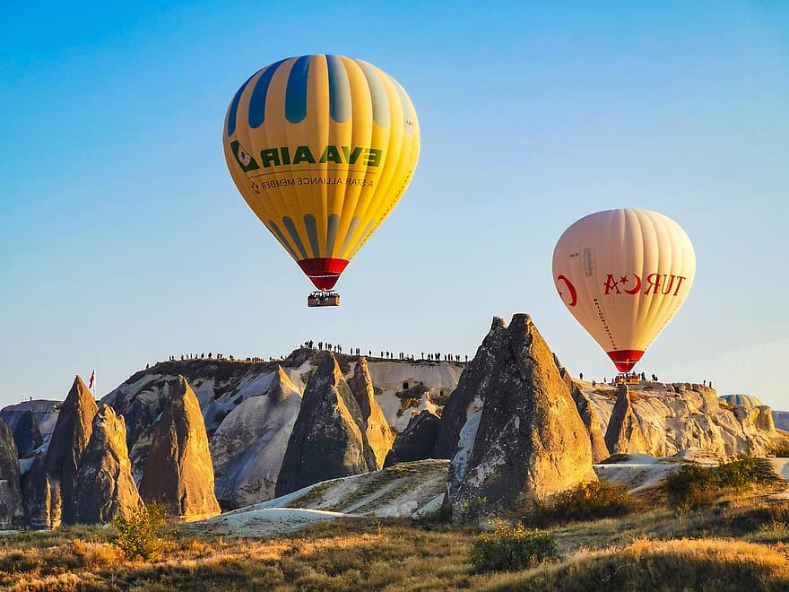 Кападокия, Турция, балон с горещ въздух, небе, сутрин, разходка с балон, туризъм, планини