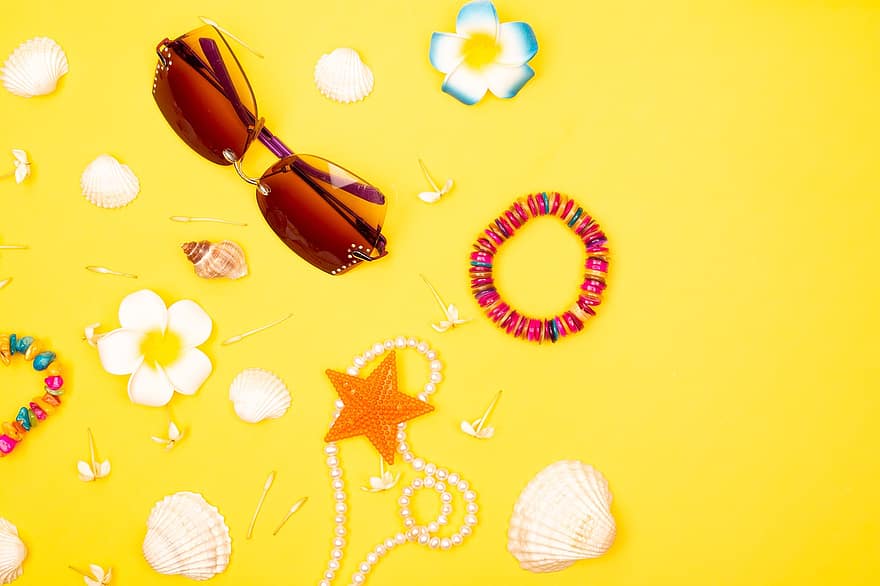 летний фон, летом, фон, раковины, солнцезащитные очки, день отдыха, отпуск