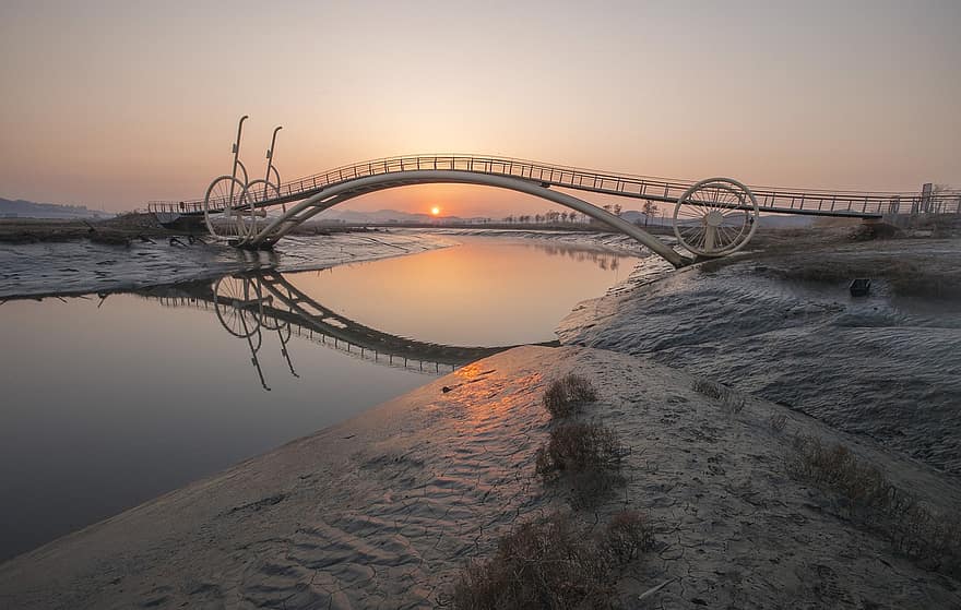 río, puente, puesta de sol, siheung, naturaleza, paisaje, amanecer, oscuridad, agua, noche, reflexión