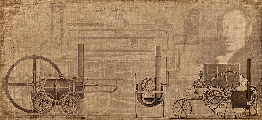 蒸気機関車、蒸気自動車、機関車、リチャード・トレビシック、1802年、特許、発明、スチームパンク、ビンテージ、古い、ドローイング