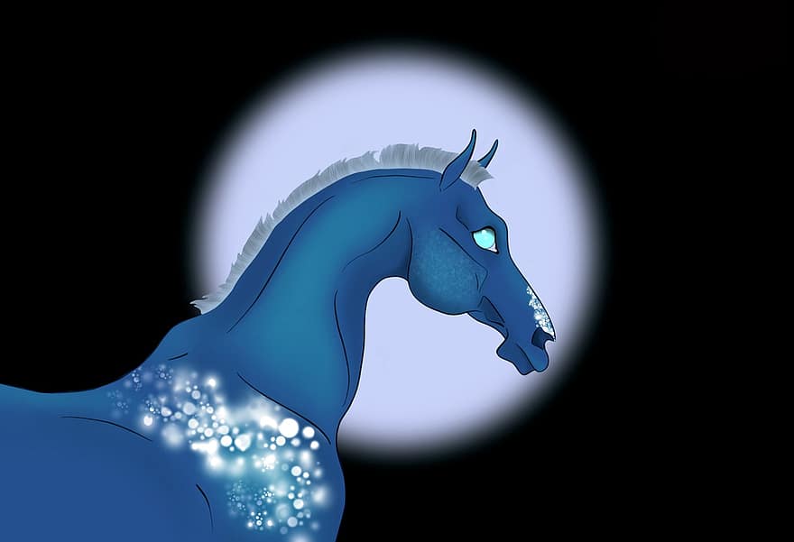 фон, фантазія, кінь, місяць, ніч, блиск, блакитний, природи, цифрове мистецтво