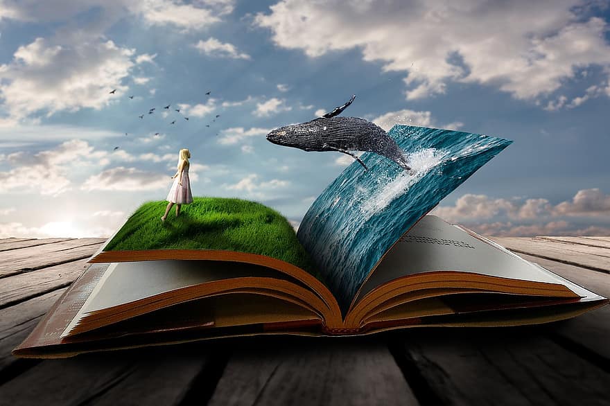 鯨、女の子、草、動物たち、海洋、空、本