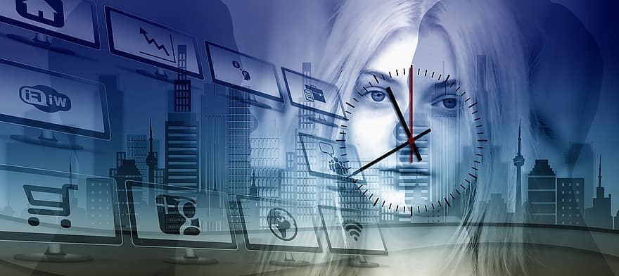 femme, visage, l'horloge, Horizon de la ville, monotonie, banalité, moniteur, ordinateur, l'Internet, vie courante, icône