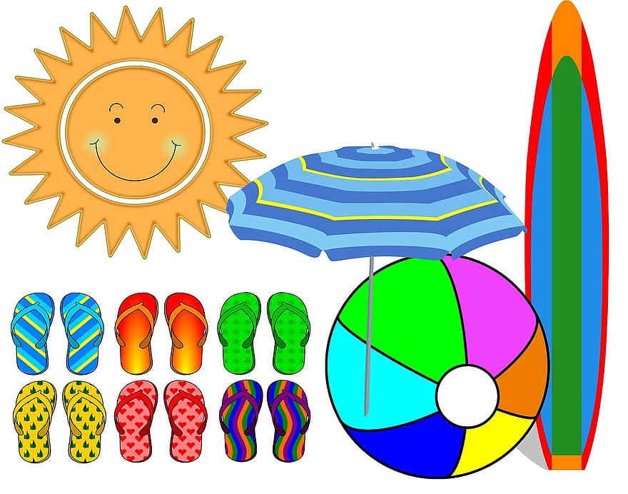 pantai, musim panas, liburan, laut, sandal, sandal jepit, papan luncur, Kombinasi, kolase, matahari, payung