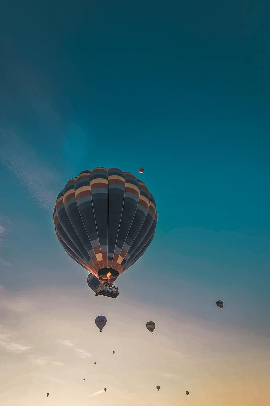 गर्म हवा के गुब्बारे, आकाश, सूर्य का अस्त होना, सवारी, गर्म हवा के गुब्बारे की सवारी, नाव, चल, Cappadocia, तुर्की, गुब्बारे, नीला