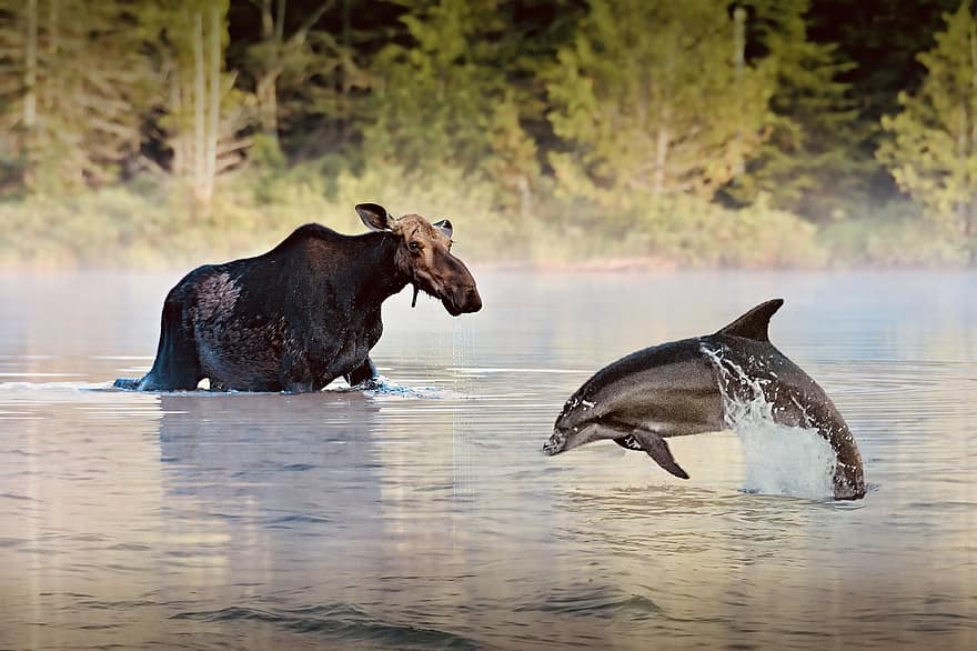 Dolphin, Moose, Photo Montage, River, Water, Animals, Wildlife, Animal World, Nature, Wilderness, Wild