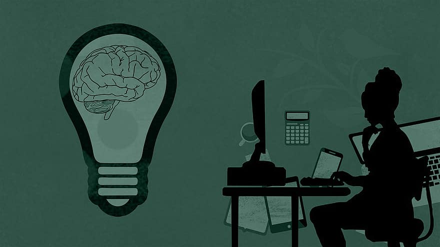 donna, lavoro, lampadina, cervello, mente, femmina, ragazza, pensiero, buio, silhouette, computer
