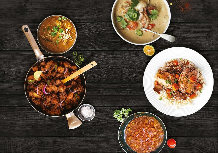 Τηγανητό κοτόπουλο, Προβατίνα Τηγανιά, Κάρυ προβάτου, Κοτόπουλο Korma, πιάτο, Ράζι πρόβειου κρέατος, νότια ινδική, μενού, φαγητό, γεύμα, τραπέζι