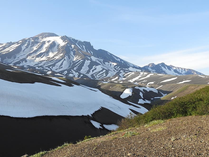 munţi, vulcan, pantă, top, vară, zăpadă, zapada, crater, Kamchatka, vulcan avachinsky, vale