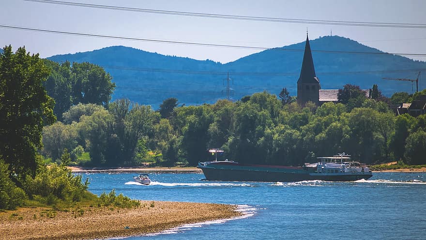 Rhine, Highlands, Ship, Church, Steeple, River, Current, River Ship, Boat, Romantic, Landscape
