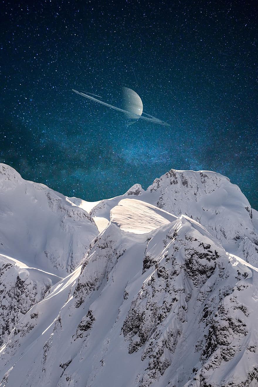 montañas, Saturno, espacio, paisaje, planeta, astronómico, universo, celestial, nieve, montañoso, alpino