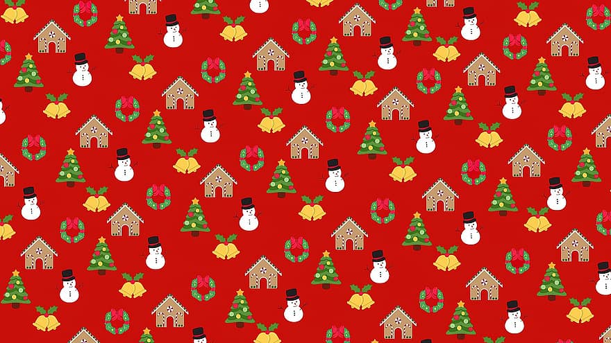 Noel arka plan, kırmızı, kâğıt, ağaçlar, kardan adam, çelenk