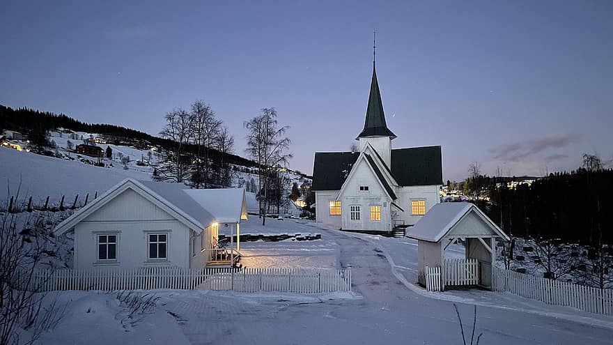 bažnyčia, kaime, žiemą, sezoną, Miestas, sniegas, krikščionybė, naktis, religija, architektūra, kultūros