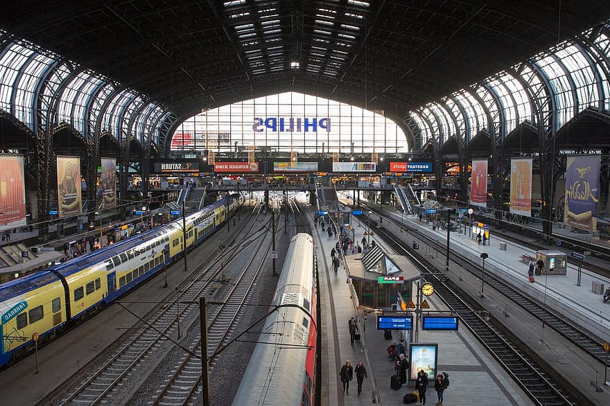 vonatok, vasútállomás, tömeg, forgalom, szállítás, központi állomás, Hamburg, vasúti, építészet, csoportosulás, állj meg