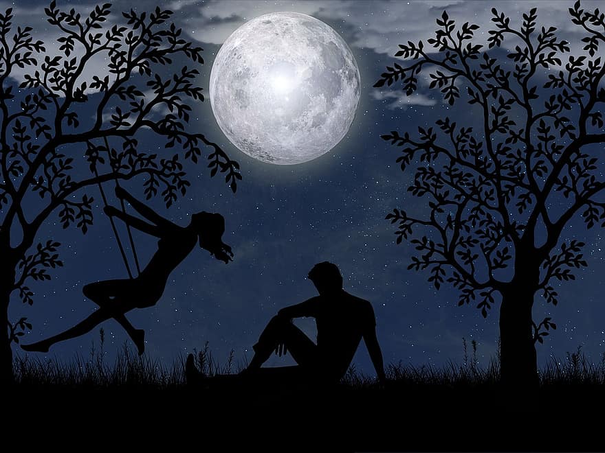 meilė, romantiškas, naktis, mėnulis, siluetas, santykiai, jausmas, laimingas laikas, kartu